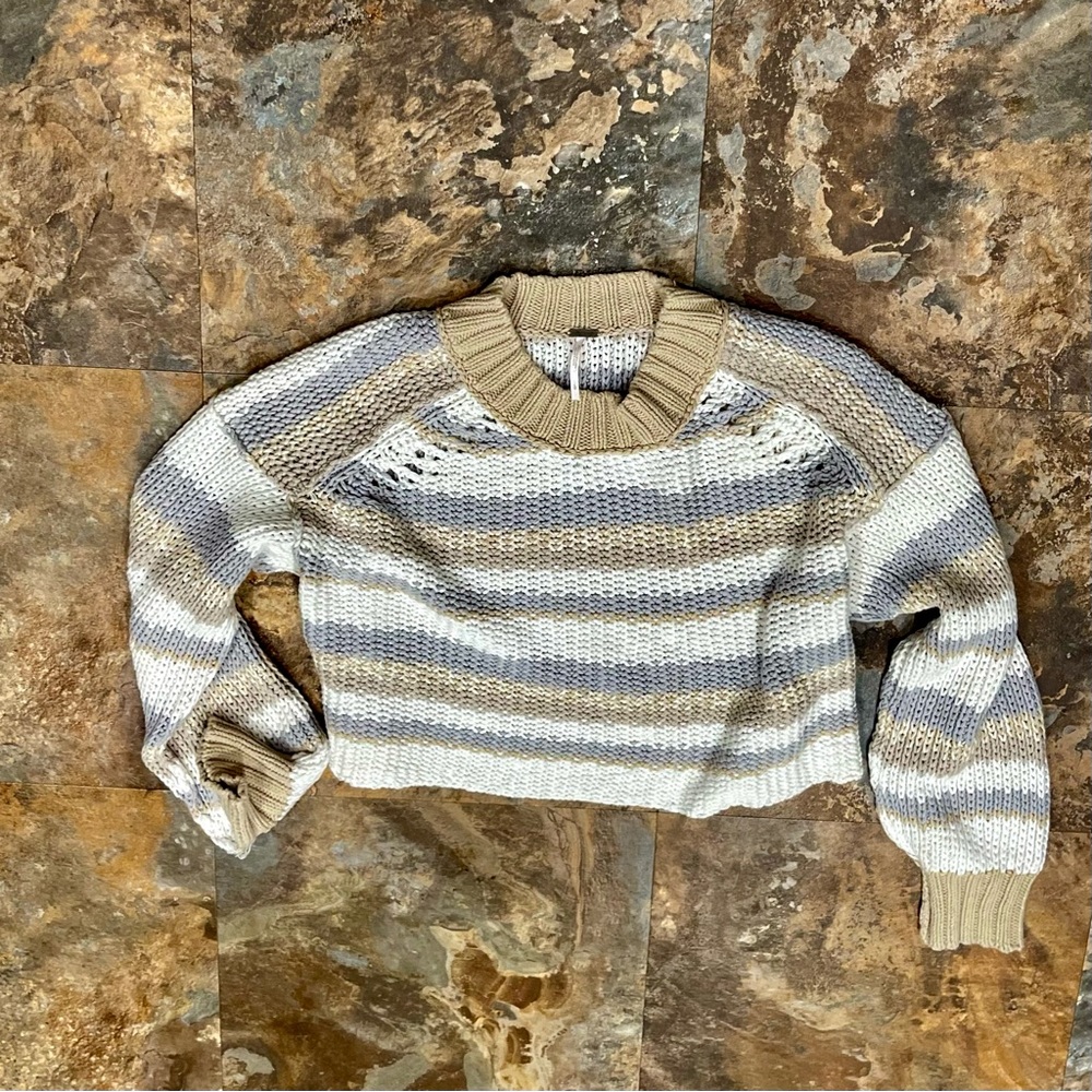 Free People Devon Cropped Sweater Striped Grey White Mock Neck